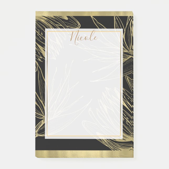 Modern Glam Guld & Svart Tropisk Botanisk Blomma Post-it Block (Framsida)