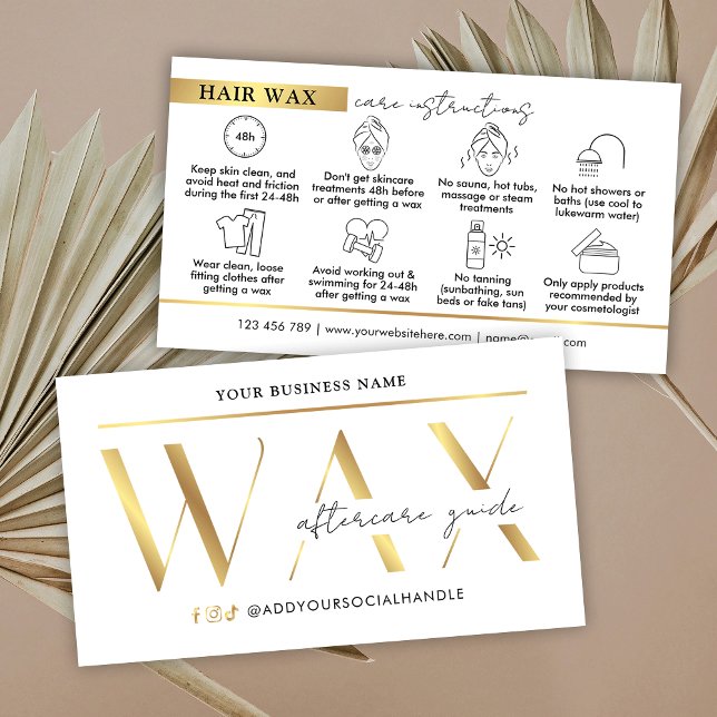Modern Glam Guld Waxing Aftercare Instructions Visitkort (elegant white and gold effect waxing after care instructions cards with icons
)