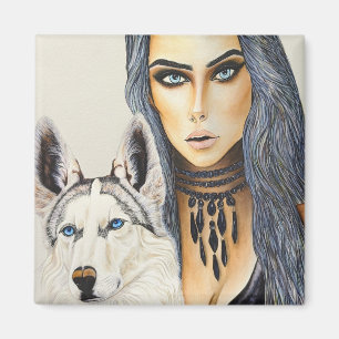 Modern Glam Kvinna & Husky Varg Hund Magnet