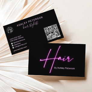 Modern glam lila nyon-hårskript logotyp qr-kod visitkort