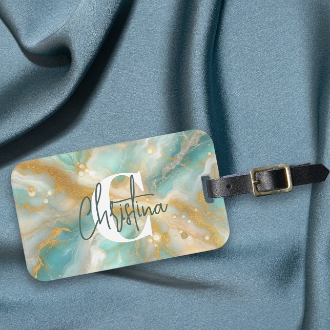 Modern Glam Luxury Aquamarine Marble Guld Glitter Bagagebricka (Skapare uppladdad)