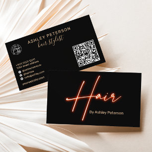 Modern glam-orange nyon-hårskript logotyp qr-kod visitkort