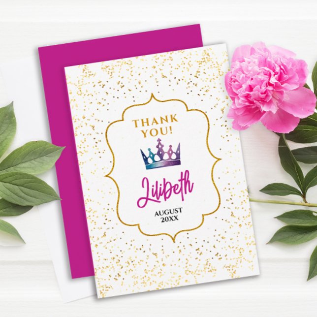 Modern Glam Prinsessa Tiara Konfetti Akvarell Tack Kort (Skapare uppladdad)
