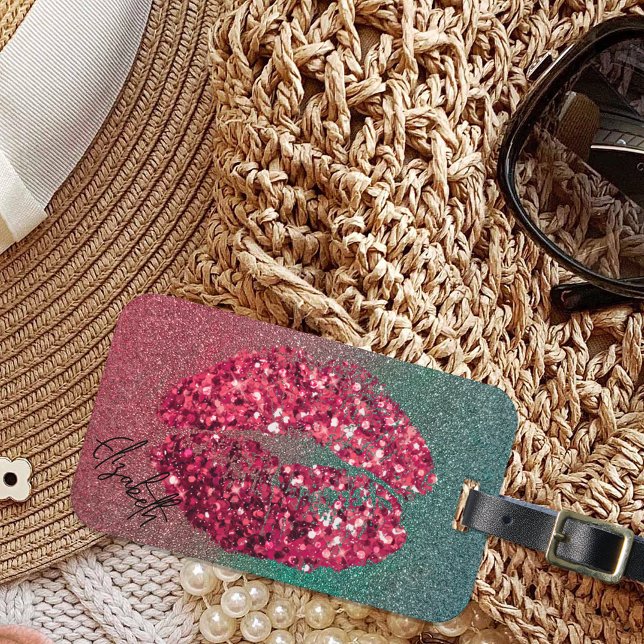 Modern Glam Red Glittery Kiss Lipstick Imprint Bagagebricka (Skapare uppladdad)