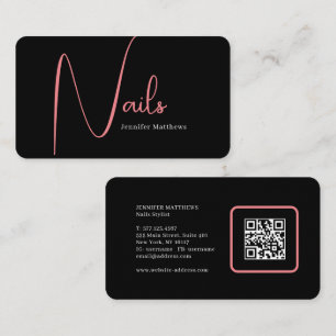 Modern glam rosa neon nagel-skript, logotyp qr-kod visitkort