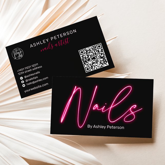 Modern glam rosa neon nagel-skript, logotyp qr-kod visitkort (Skapare uppladdad)