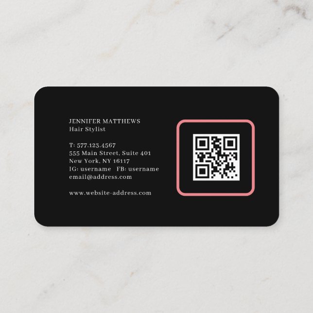 Modern glam rosa nyon-hårskript logotyp qr-kod visitkort (Baksida)