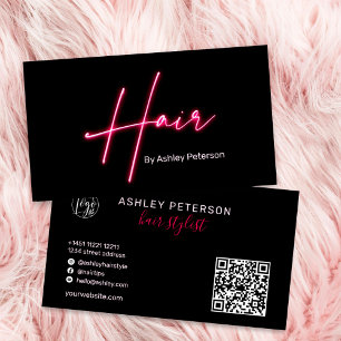 Modern glam rosa nyon-hårskript logotyp qr-kod visitkort