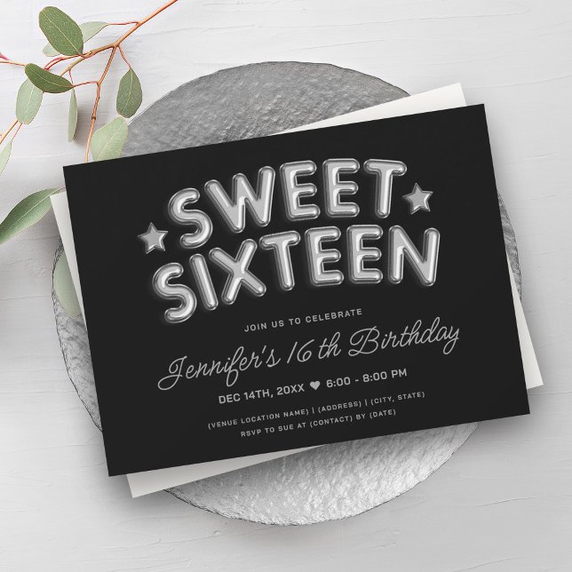 Modern Glam Silver Balloons Black Sweet 16 Inbjudningar (Modern Glam Silver Balloons Black Sweet 16 Invitation)