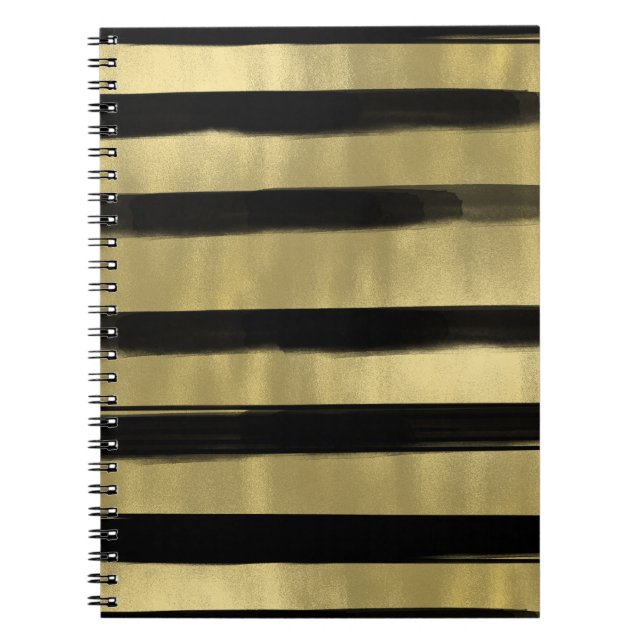 Modern Glam Svart & Guld Penseldrag Randig Chic Anteckningsbok Med Spiral (Framsidan)