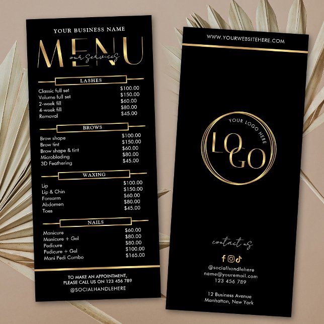 Modern Glam Svart Guld Spa Skönhetssalong Prislist Reklamkort (Elegant black and gold business price list menu design with your custom t ext & logo)