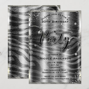 Modern Glam Svart Vitt Zebra & Silver Bling Party Inbjudningar
