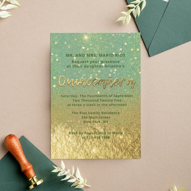 Modern Glam Teal och Guld Glitter Foil Quinceañera Inbjudningar (Skapare uppladdad)
