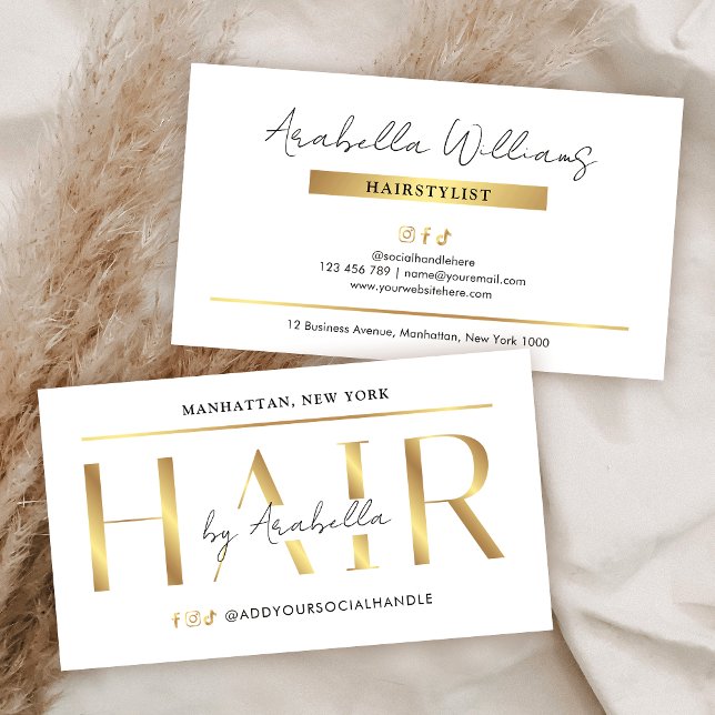Modern Glam Vit & Guld Chic Frisörsalong Visitkort (Elegant hair business cards with faux gold effects, modern layout and space for your contact info)