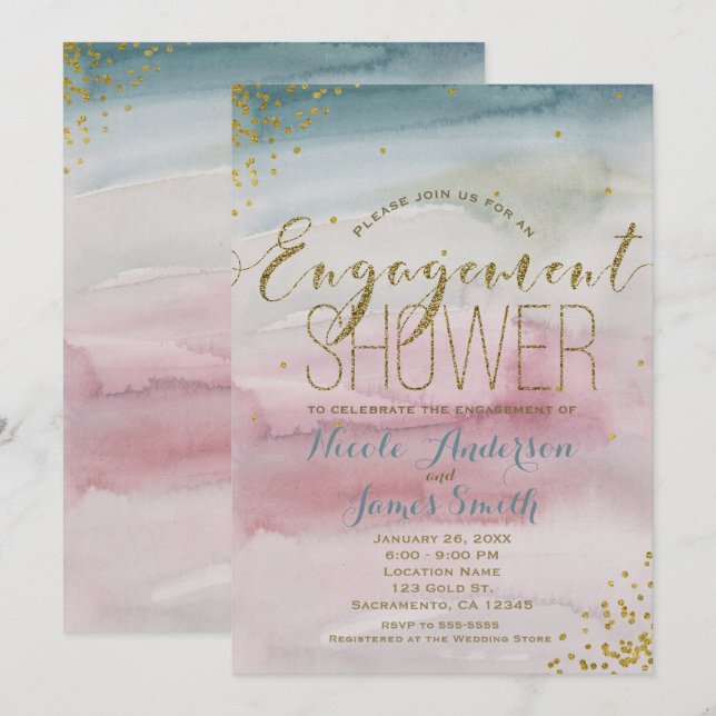 Modern Glam Watercolor Guld BRöllopsdusch Inbjudningar (Fram/baksida)