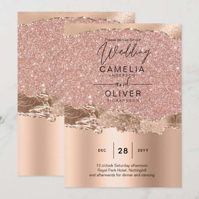 Modern glamor-bröllopsinbjudan ro Guld Inbjudningar (Fram/baksida)