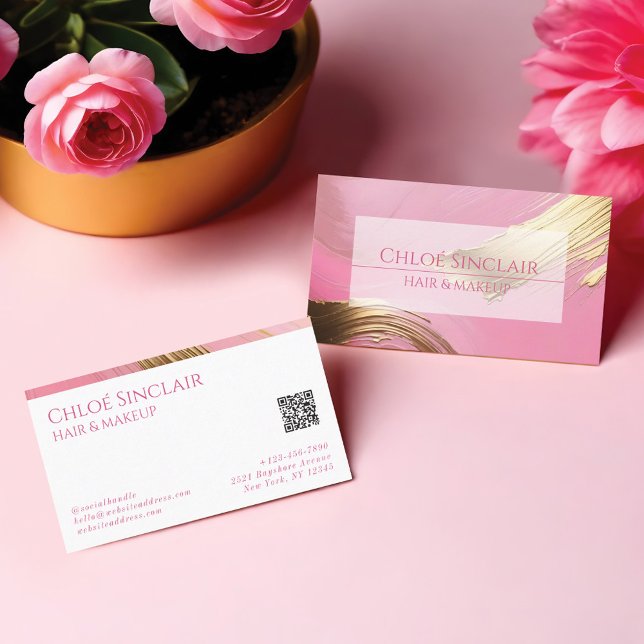 Modern glamoral Hair & Makeup Artist Guld & Rosa Visitkort (Modern Glamorous Hair & Makeup Artist Gold & Pink Business Card)