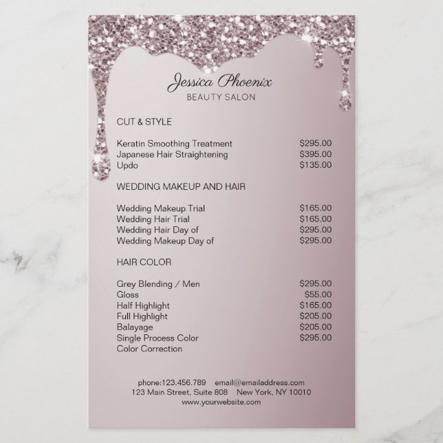 Modern Glamour  Roseguld Glitter sjunker Flygblad (Framsidan)
