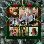 Modern glatt familjefollbild jul julgransprydnad keramik<br><div class="desc">Elegant snyggt plaid tartan faux guld glatta manus sex familjefoller och namn traditionell röd grönt träd ornament.</div>