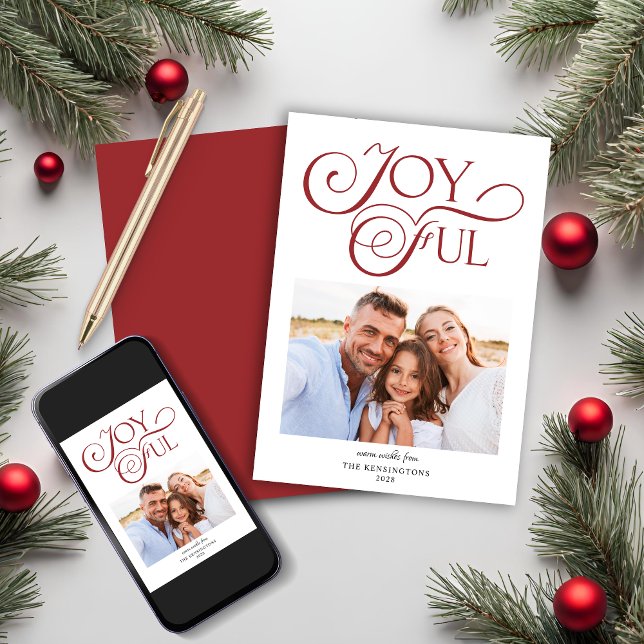 Modern Glatt julfoto, röd jul Julkort (Modern Red Christmas Joyful Christmas Photo Holiday Card)