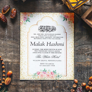 Modern Gliter Blommigt Baby Islamic Aqiqa Aqeeqah Inbjudningar