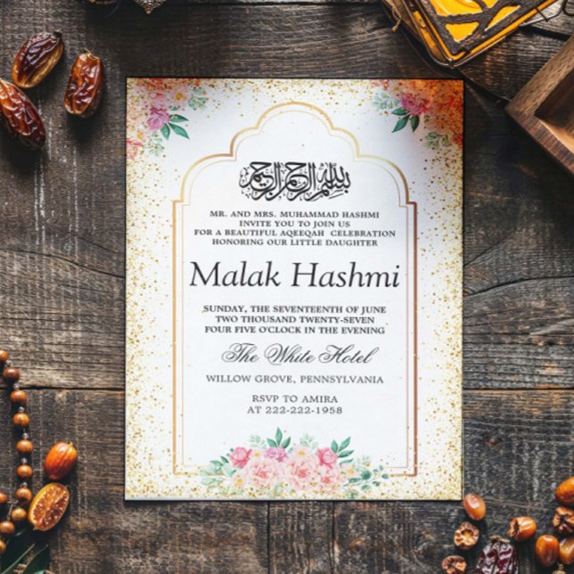 Modern Gliter Blommigt Baby Islamic Aqiqa Aqeeqah Inbjudningar (Skapare uppladdad)
