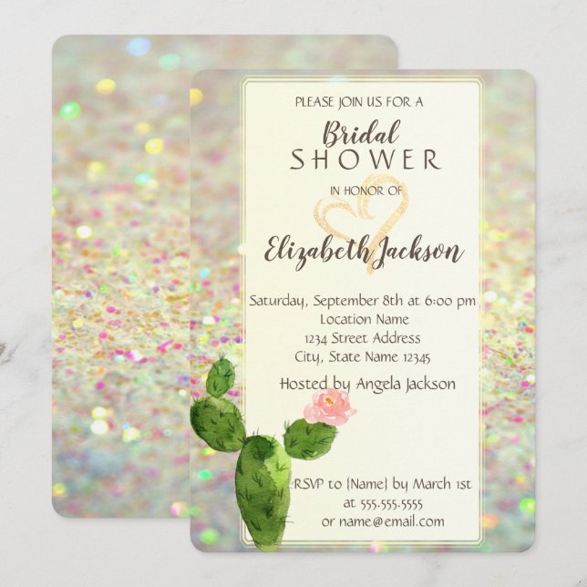 Modern Glitter Bokeh Kaktus  Bröllopsdusch Inbjudningar (Fram/baksida)