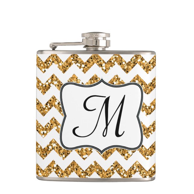 Modern Glitter Chevron Monogram Whiskey-kolv Guld Fickplunta (Framsidan)