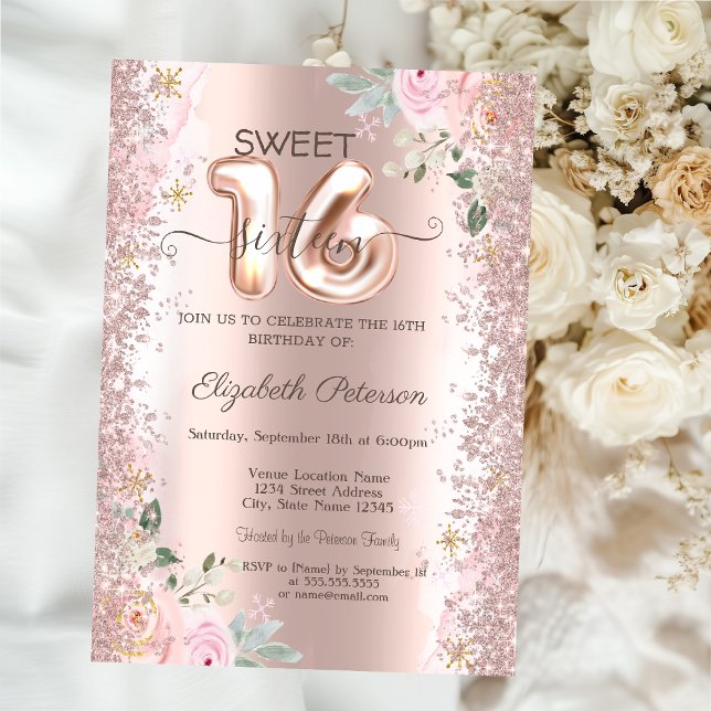 Modern Glitter Confetti Ro Guld Rosor Sweet 16 Inbjudningar (Skapare uppladdad)