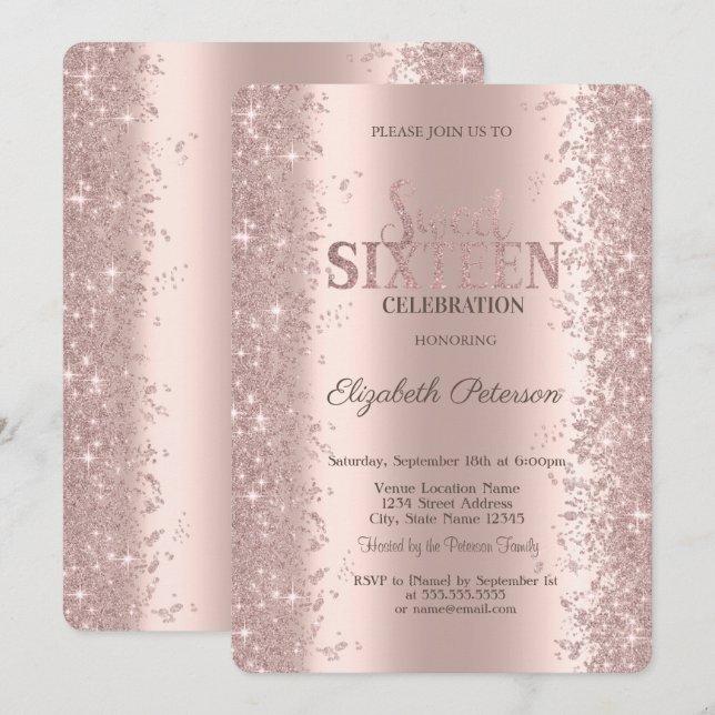 Modern Glitter Confetti Ro Guld Sweet 16 Inbjudningar (Fram/baksida)