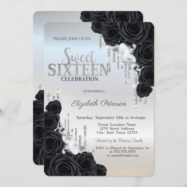 Modern Glitter Drips Black Ro Silver Sweet 16 Inbjudningar (Fram/baksida)