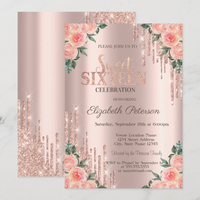 Modern Glitter Drips Blommig Roséguld Sweet 16 Inbjudningar (Fram/baksida)