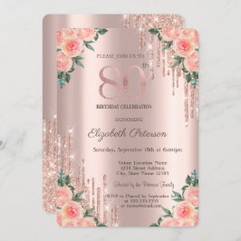 Modern Glitter Drips Blommigt Ro Guld 80:e Inbjudningar