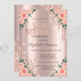 Modern Glitter Drips Blommigt Ro Guld Sweet 16 Inbjudningar