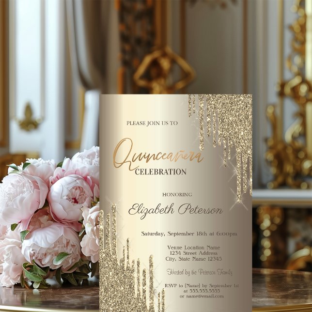 Modern Glitter Drips Champagne Guld Quinceañera Inbjudningar (Skapare uppladdad)