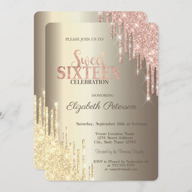 Modern Glitter Drips Champagne Guld Sweet 16 Inbjudningar (Fram/baksida)