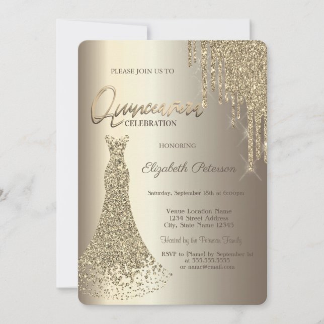 Modern Glitter Drips Champagne Klänning Quinceañer Inbjudningar (Framsida)