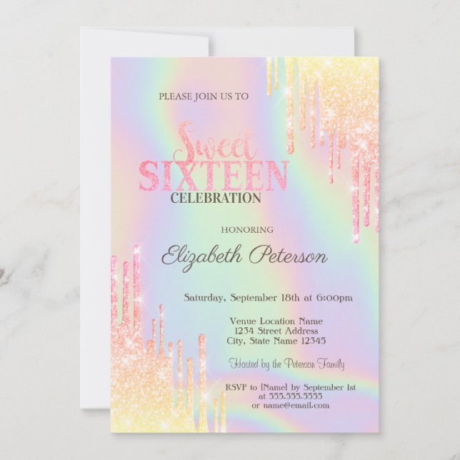 Modern Glitter Drips Holografisk Sweet 16 Inbjudningar (Framsida)