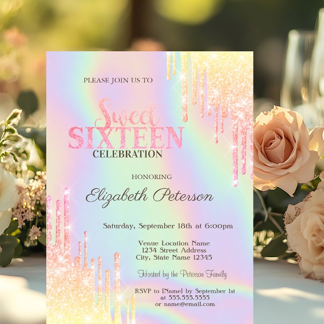 Modern Glitter Drips Holografisk Sweet 16 Inbjudningar (Skapare uppladdad)