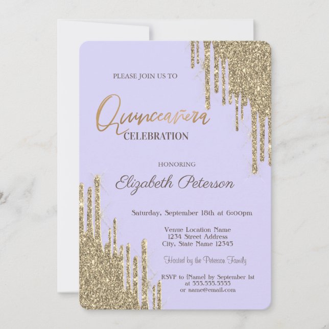Modern Glitter Drips Lavendel Quinceañera Inbjudningar (Framsida)