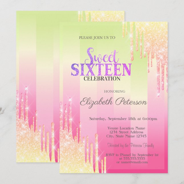 Modern Glitter Drips Ombre Rand Sweet 16 Inbjudningar (Fram/baksida)