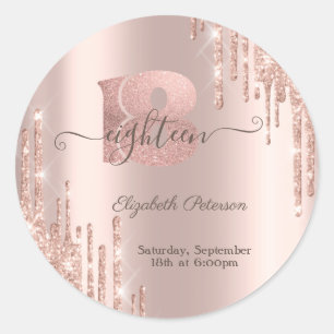 Modern Glitter Drips Rosa Guld 18-årsdag Runt Klistermärke