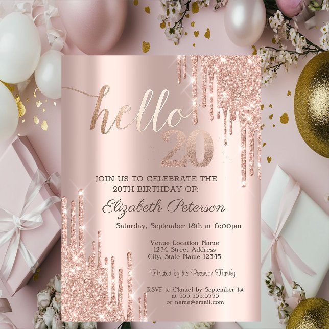 Modern Glitter Drips Rose Gold 20th Birthday  Inbjudningar (Skapare uppladdad)