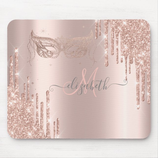 Modern Glitter Drips Rose Gold Masque Monogramm Musmatta (Framsidan)