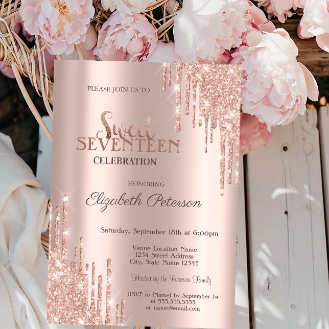 Modern Glitter Drips Rose Gold Sweet 17 Födelsedag Inbjudningar (Skapare uppladdad)