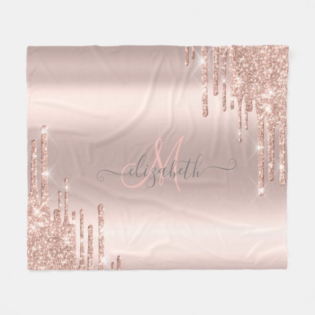 Modern Glitter Drips Roséguld Monogram Fleecefilt (Framsidan (Horisontell))