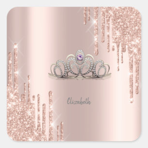 Modern Glitter Drips Roséguld Tiara Fyrkantigt Klistermärke