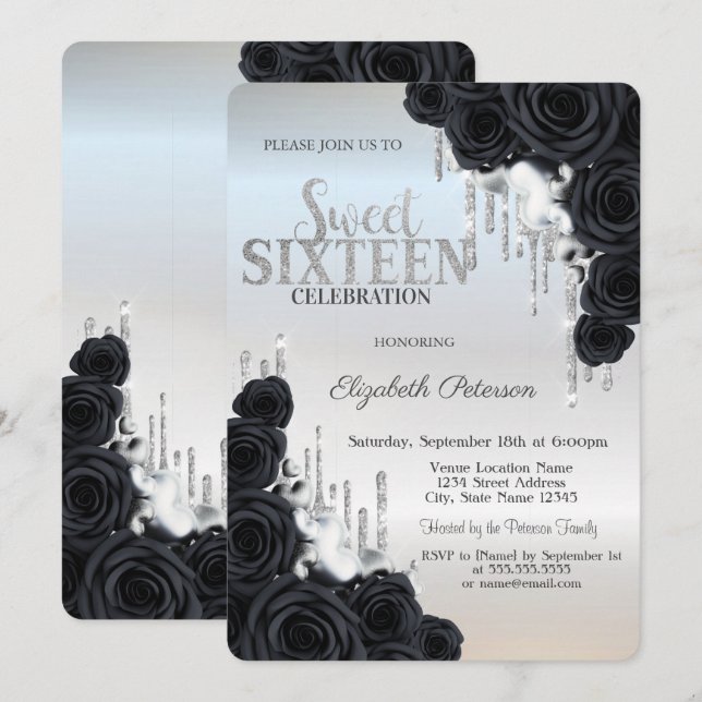 Modern Glitter Drips Svarta Rosor Silver Sweet 16 Inbjudningar (Fram/baksida)