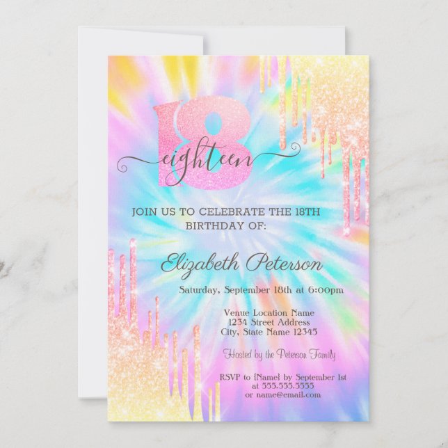 Modern Glitter Drips Tie Dye 18-årsdag  Inbjudningar (Framsida)