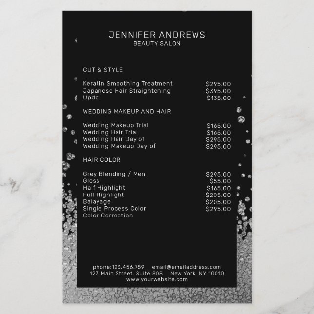 Modern Glitter Drop Silver Svart Flygblad (Framsidan)